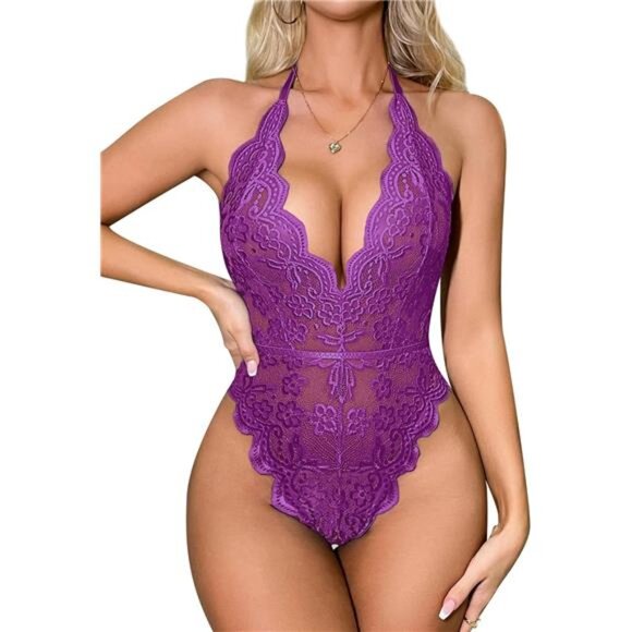 Sexy Lingerie for Women, Deep V-Neck Lace Bodysuit Purple - Picture 1 of 4